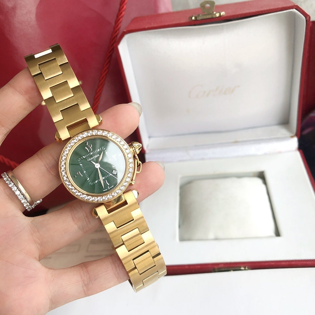 CARTIER CARTIE PASHA 35MM QUARTZ GOLD CASE DIAMOND BEZEL BLUE DIAL