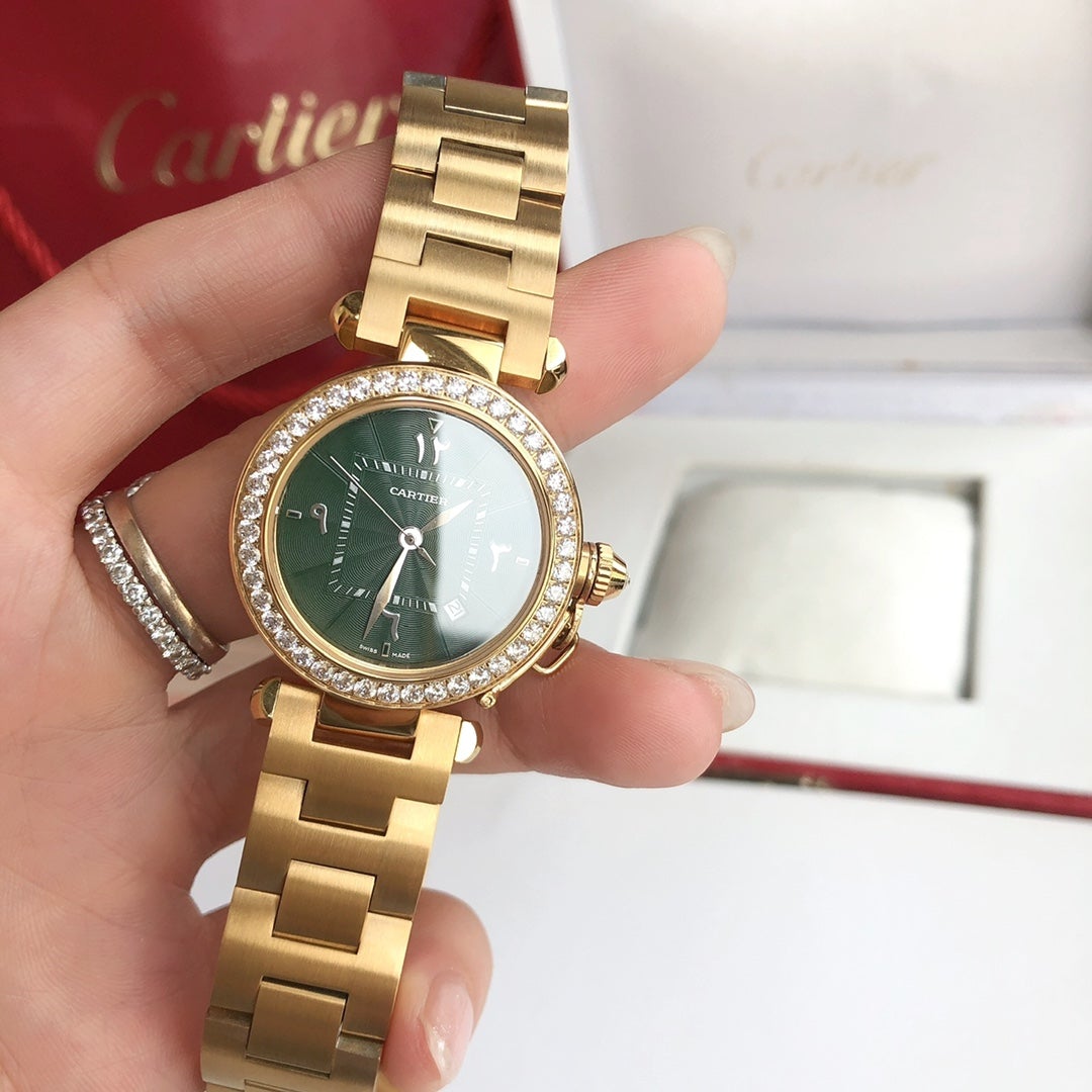 CARTIER CARTIE PASHA 35MM QUARTZ GOLD CASE DIAMOND BEZEL BLUE DIAL