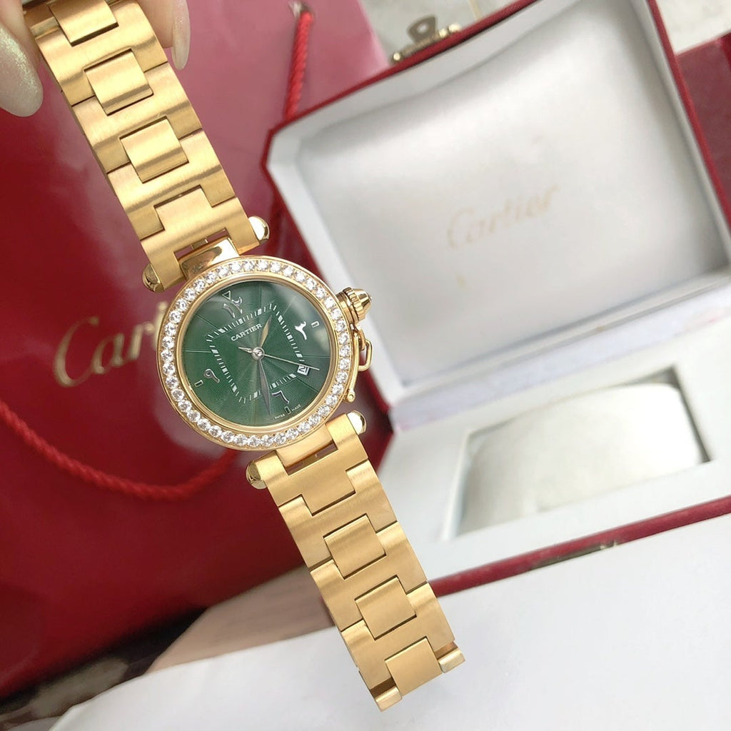 CARTIER CARTIE PASHA 35MM QUARTZ GOLD CASE DIAMOND BEZEL BLUE DIAL