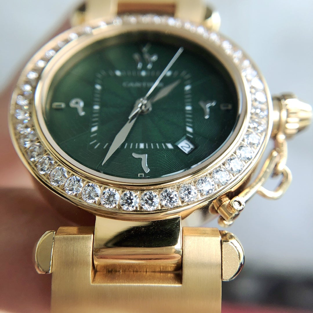 CARTIER CARTIE PASHA 35MM QUARTZ GOLD CASE DIAMOND BEZEL BLUE DIAL