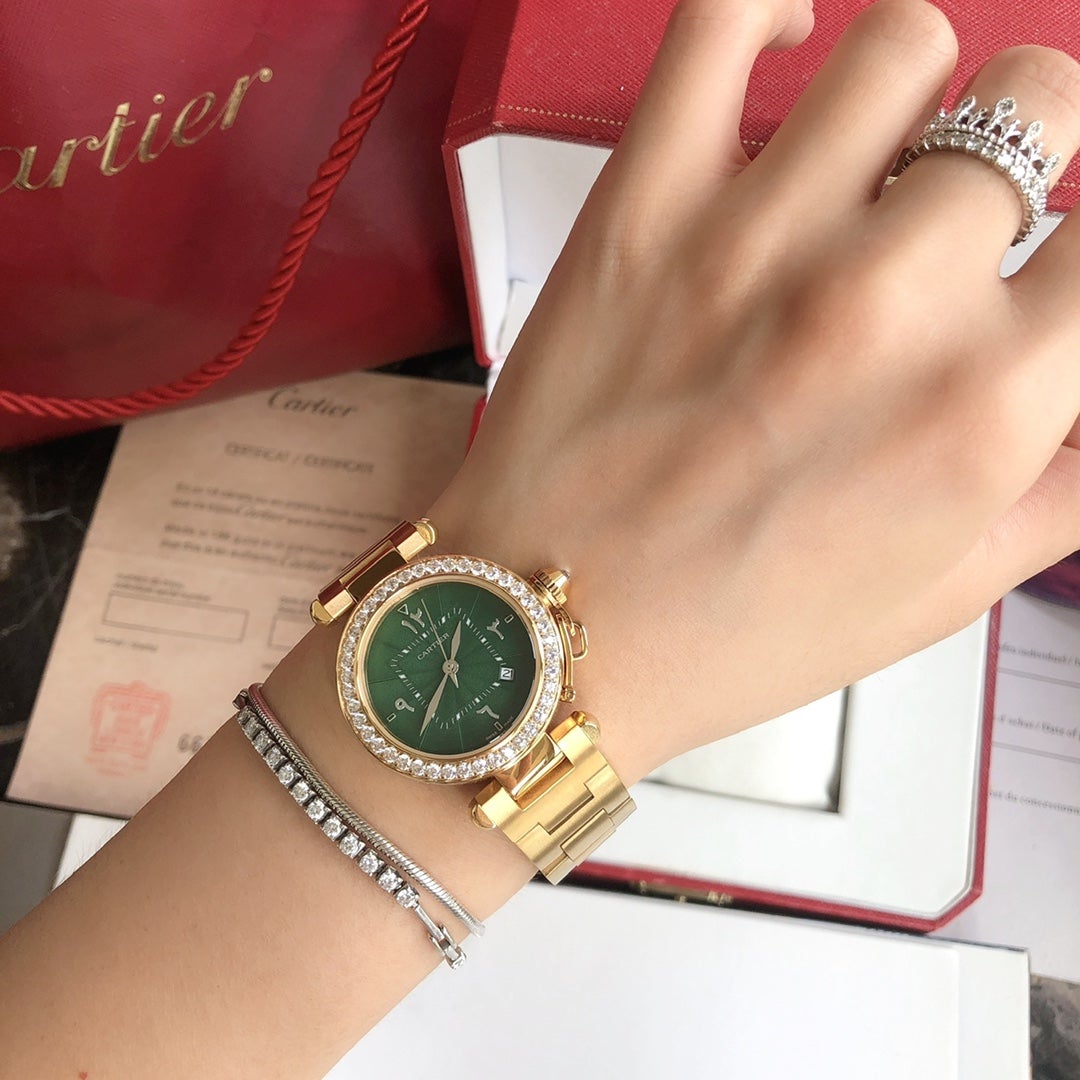 CARTIER CARTIE PASHA 35MM QUARTZ GOLD CASE DIAMOND BEZEL BLUE DIAL