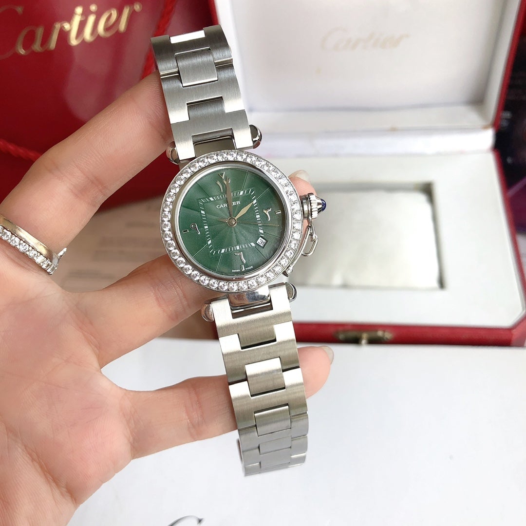 CARTIER CARTIE PASHA 35MM QUARTZ STEEL CASE DIAMOND BEZEL BLUE DIAL