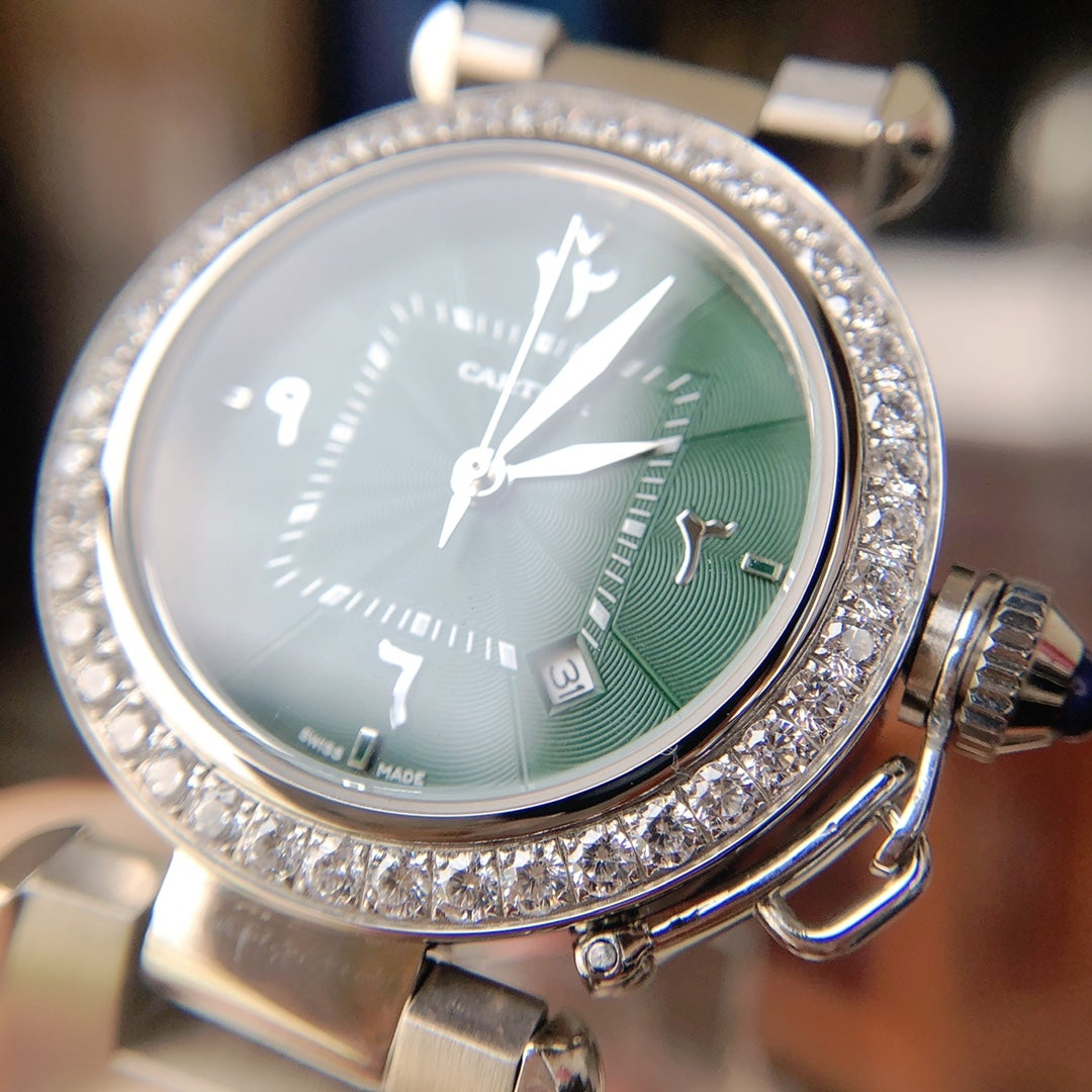 CARTIER CARTIE PASHA 35MM QUARTZ STEEL CASE DIAMOND BEZEL BLUE DIAL
