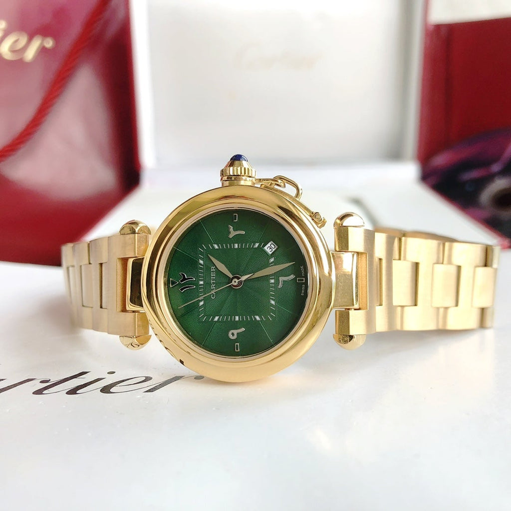 CARTIER CARTIE PASHA 35MM QUARTZ GOLD CASE BLUE DIAL