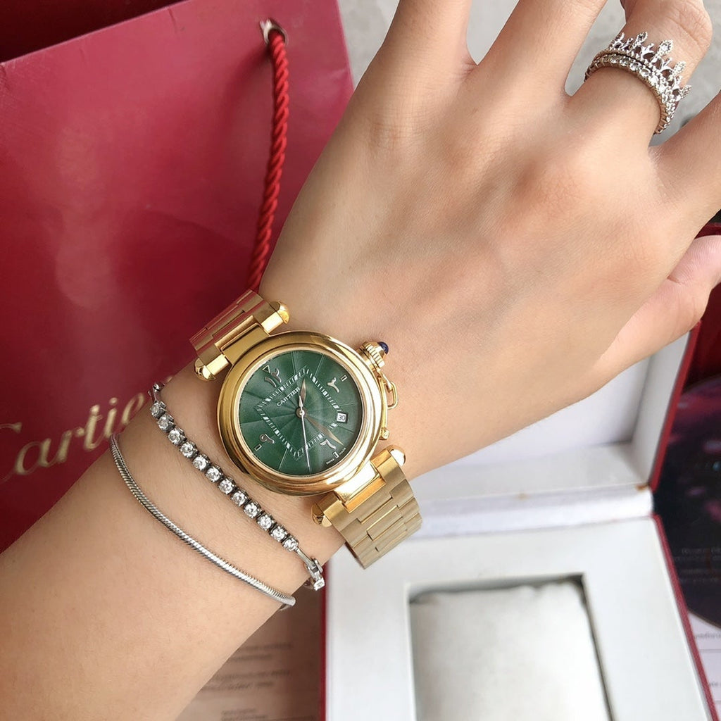 CARTIER CARTIE PASHA 35MM QUARTZ GOLD CASE BLUE DIAL