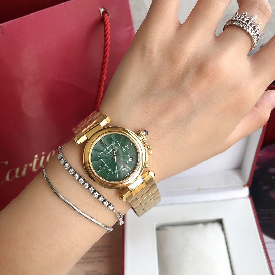 CARTIER CARTIE PASHA 35MM QUARTZ GOLD CASE BLUE DIAL