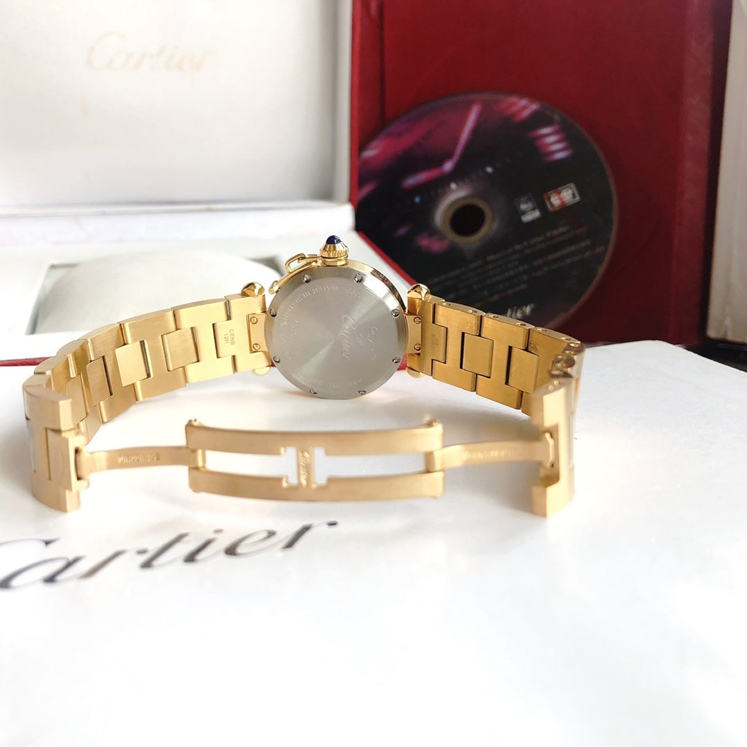 CARTIER CARTIE PASHA 35MM QUARTZ GOLD CASE BLUE DIAL