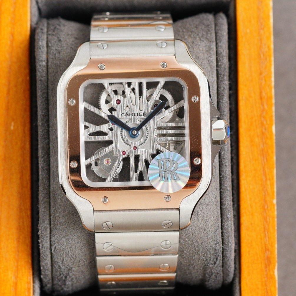 CARTIER SANTOS DE CARTIE STAINLES STEEL SKELETON DIAL ROSE GOLD BEZEL