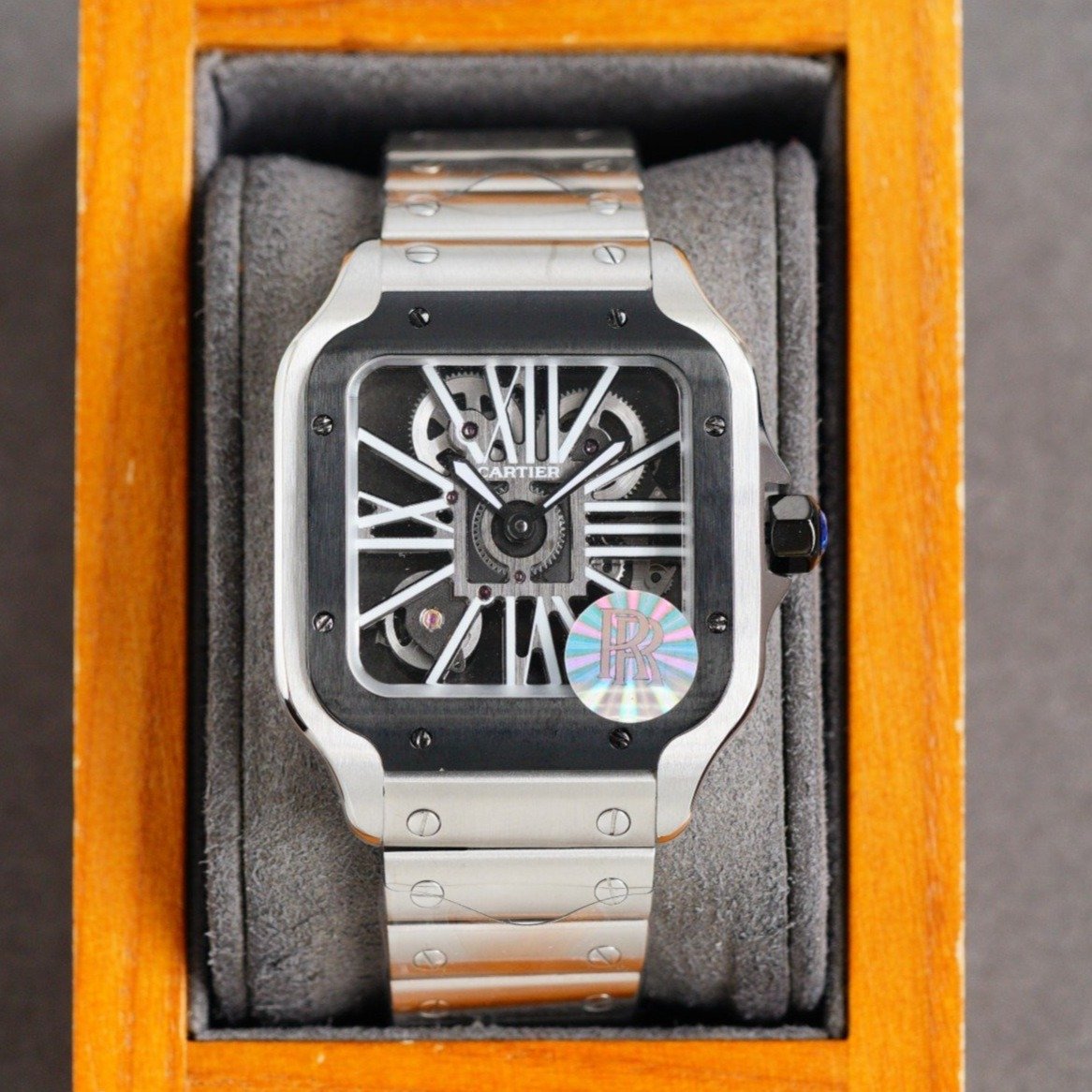 CARTIER SANTOS DE CARTIE STAINLES STEEL SKELETON DIAL ROSE GOLD BEZEL