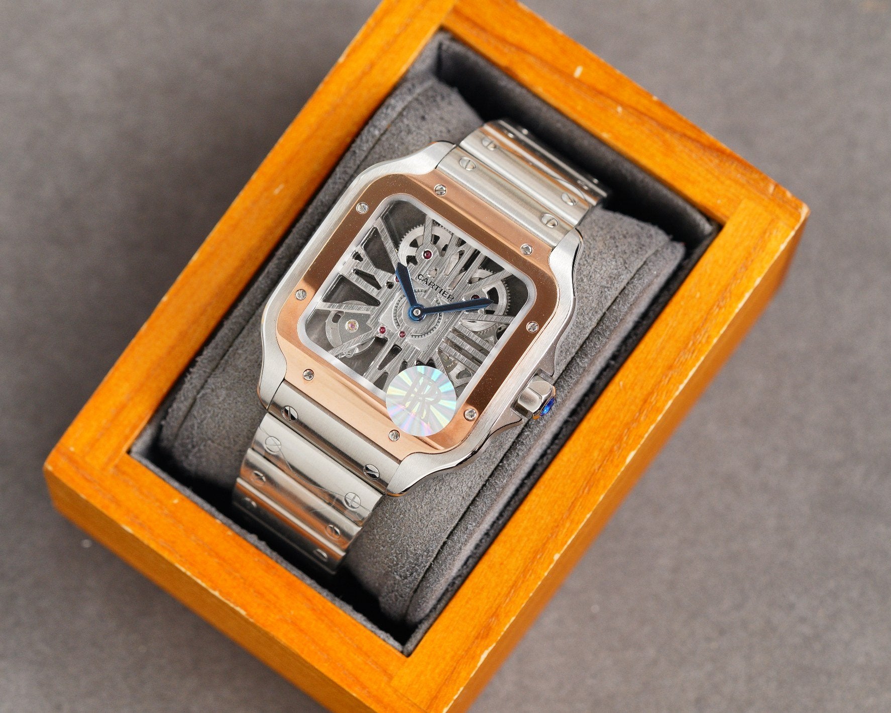 CARTIER SANTOS DE CARTIE STAINLES STEEL SKELETON DIAL ROSE GOLD BEZEL