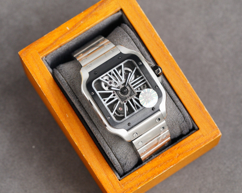 CARTIER SANTOS DE CARTIE STAINLES STEEL SKELETON DIAL ROSE GOLD BEZEL