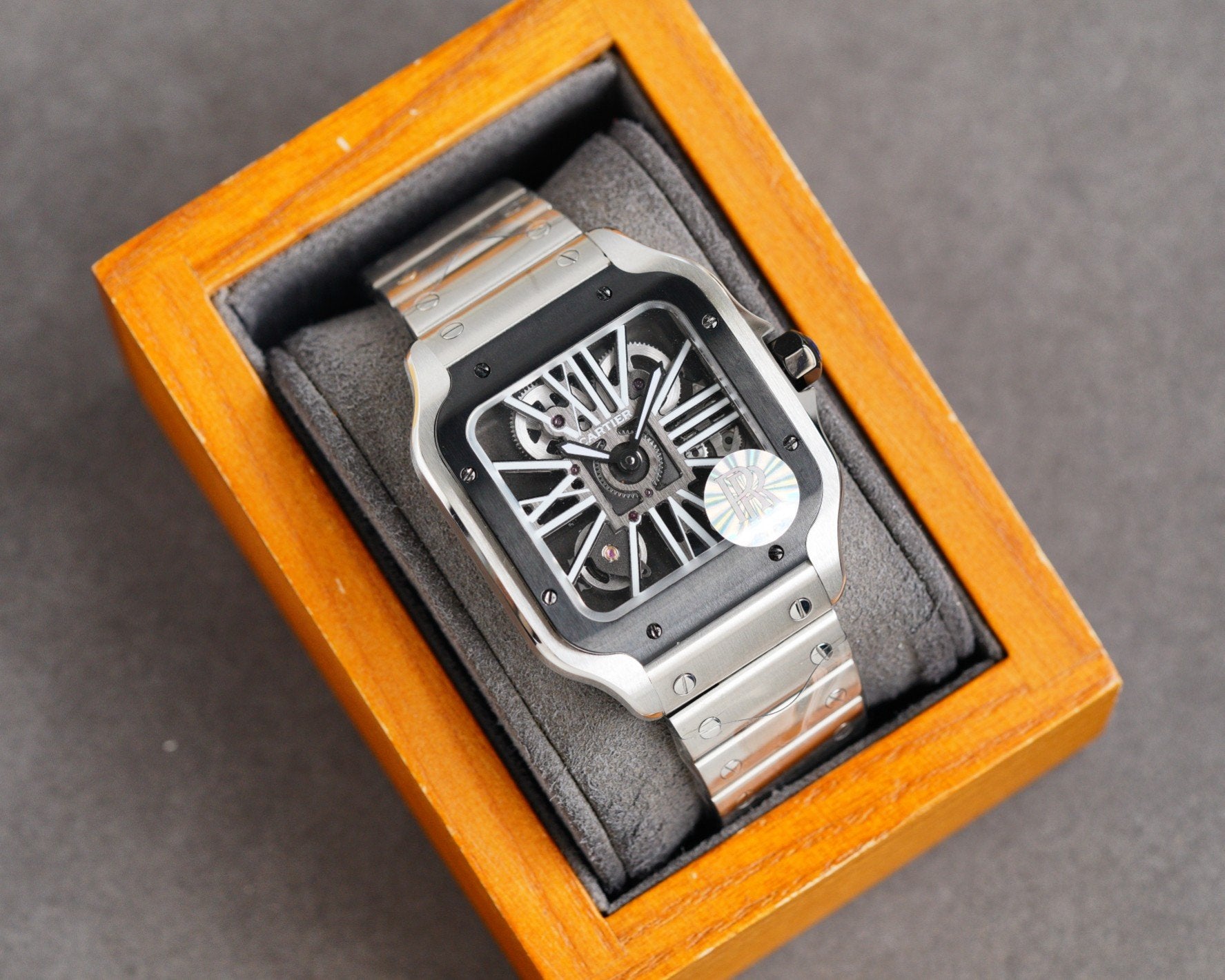 CARTIER SANTOS DE CARTIE STAINLES STEEL SKELETON DIAL ROSE GOLD BEZEL