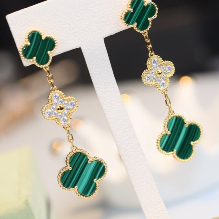 VCA CLOVER EARRINGS GOLD MALACHITE DIAMOND 3 MOTIF