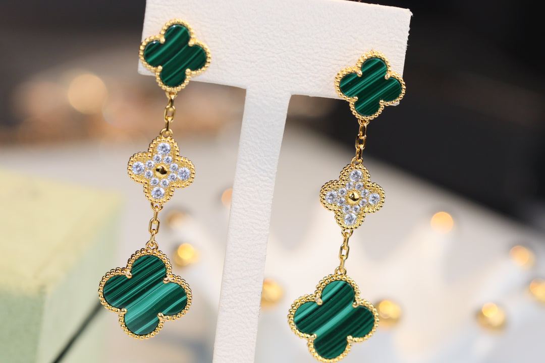 VCA CLOVER EARRINGS GOLD MALACHITE DIAMOND 3 MOTIF