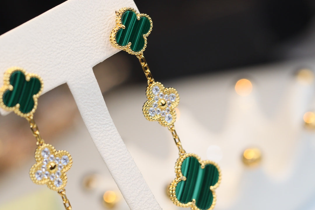 VCA CLOVER EARRINGS GOLD MALACHITE DIAMOND 3 MOTIF