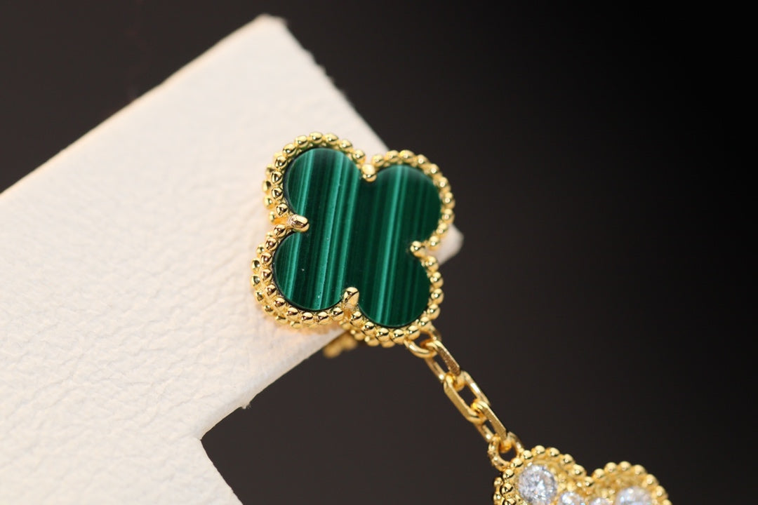 VCA CLOVER EARRINGS GOLD MALACHITE DIAMOND 3 MOTIF