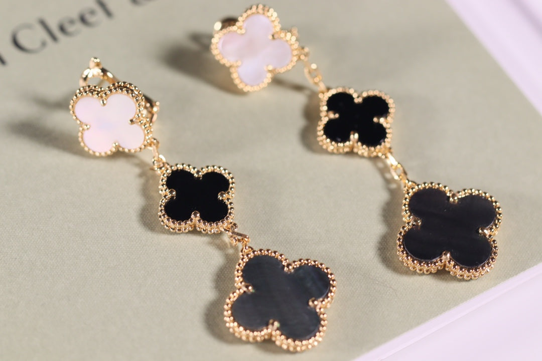 VCA CLOVER EARRINGS GOLD ONYX MOP 3 MOTIF