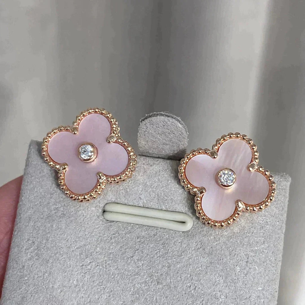 VCA CLOVER MEDIUM 1 MOTIFS PINK MOP DIAMOND EARRINGS