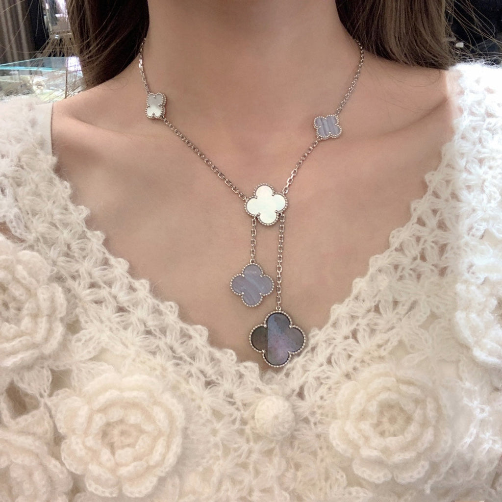 VCA CLOVER MOP CHALCEDONY NECKLACE SILVER 6 MOTIF