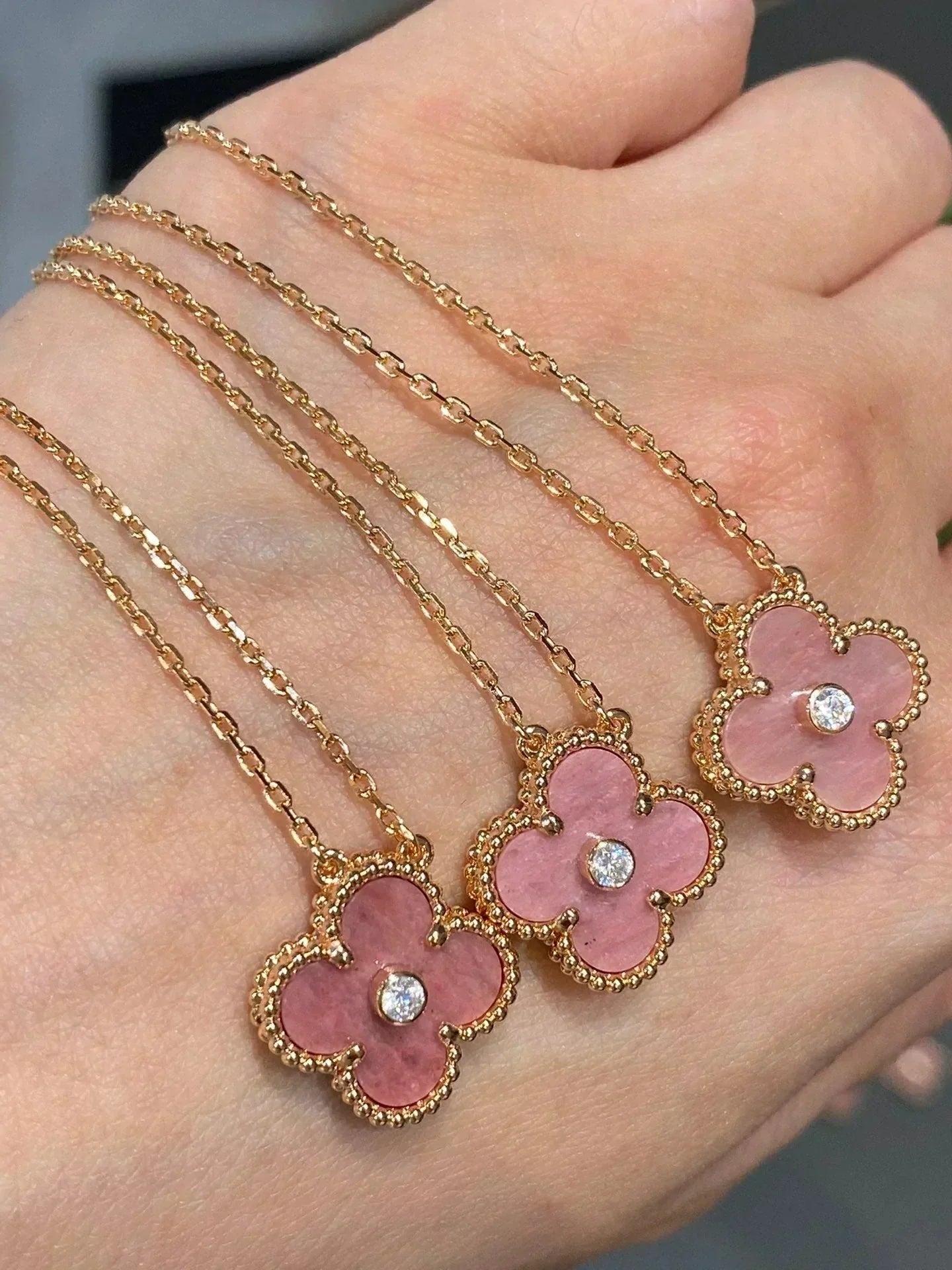 VCA CLOVER 15MM DIAMOND RHODONITE NECKLACE