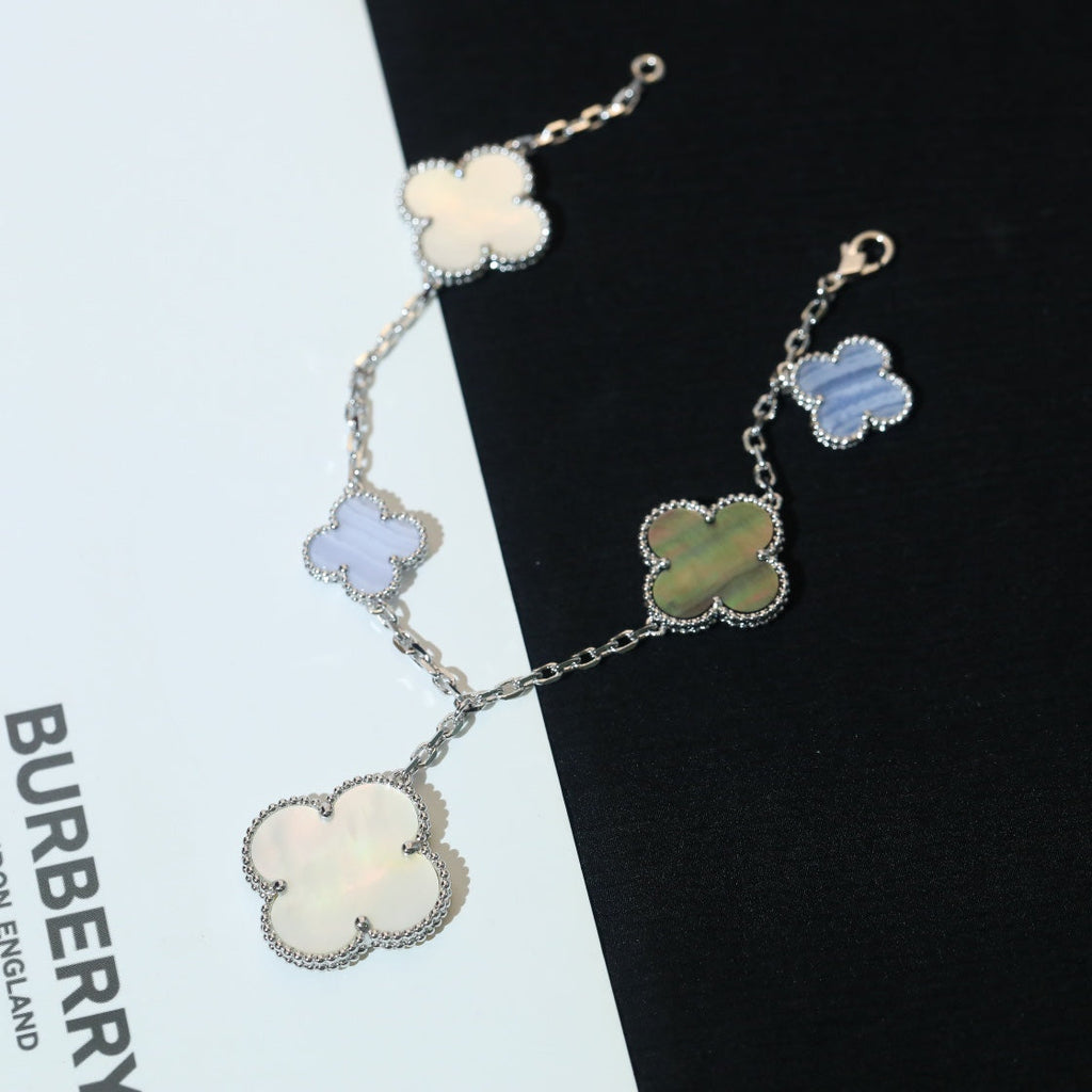 VCA CLOVER BRACELET 5 MOTIFS MOP CHALCEDONY SILVER