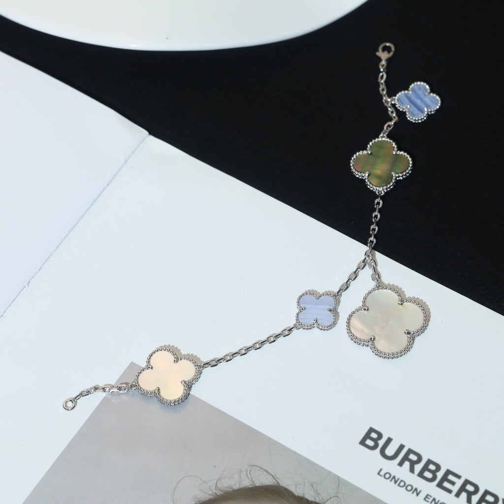 VCA CLOVER BRACELET 5 MOTIFS MOP CHALCEDONY SILVER
