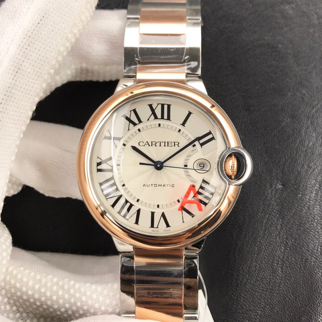 CARTIER BALLON BLEU DATE 42 TWO TONE PINK GOLD SILVER WHITE DIAL