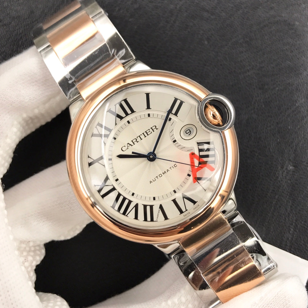 CARTIER BALLON BLEU DATE 42 TWO TONE PINK GOLD SILVER WHITE DIAL