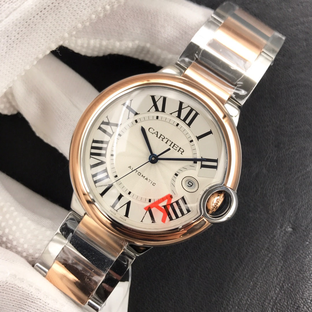 CARTIER BALLON BLEU DATE 42 TWO TONE PINK GOLD SILVER WHITE DIAL