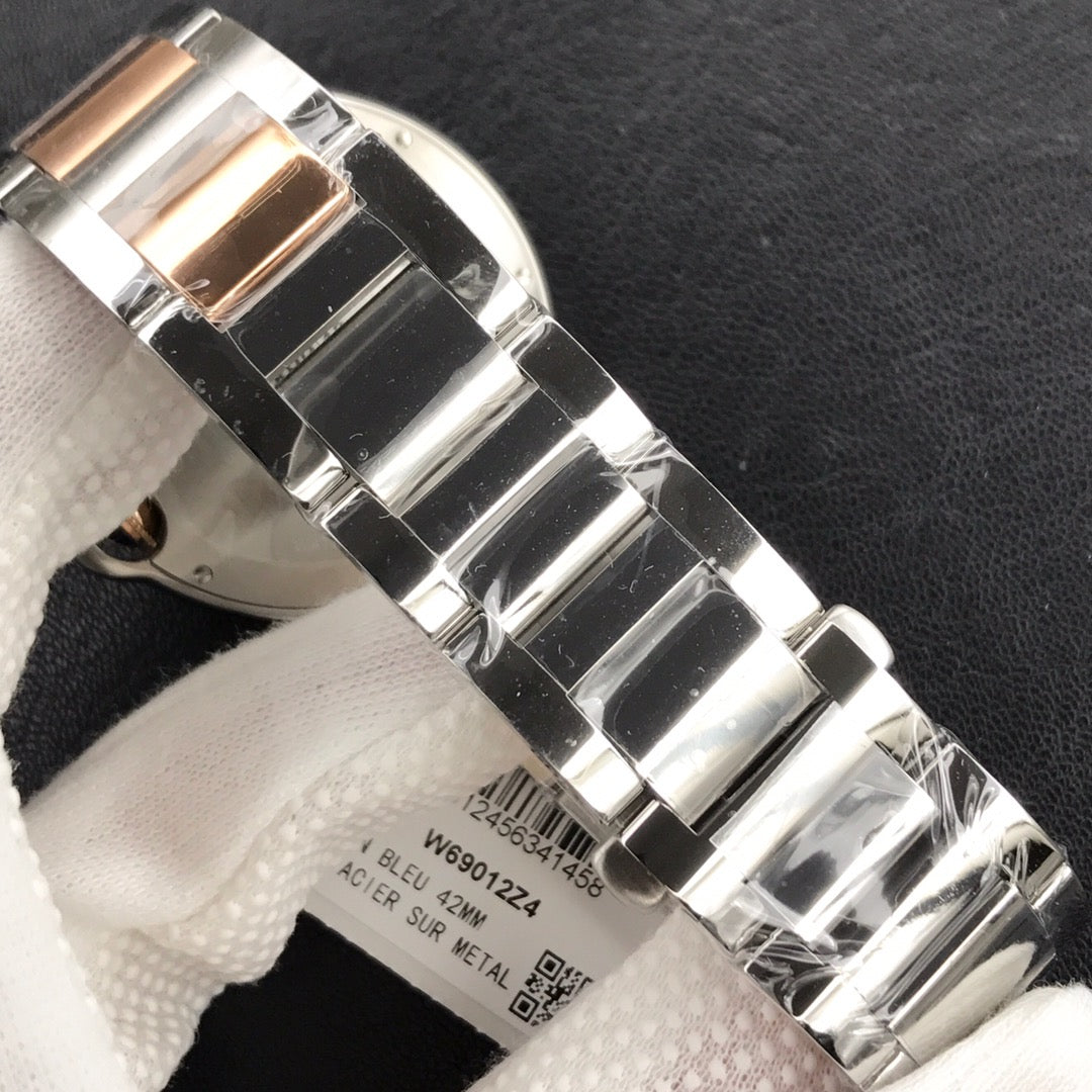 CARTIER BALLON BLEU DATE 42 TWO TONE PINK GOLD SILVER WHITE DIAL