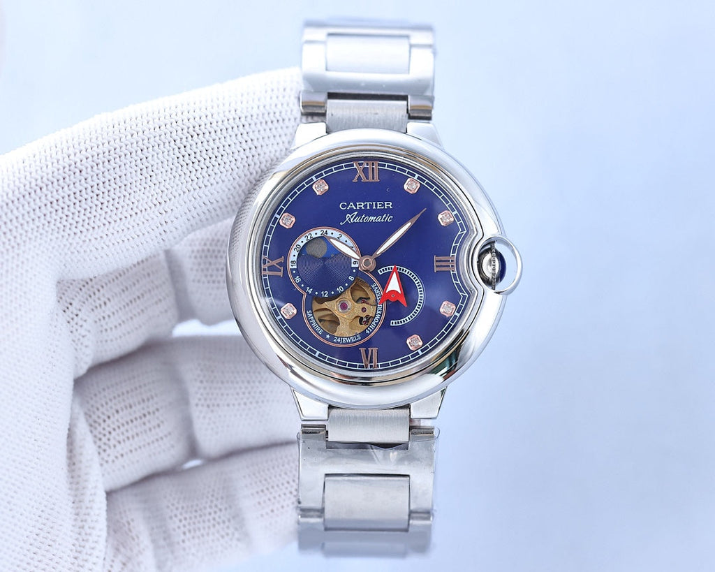 CARTIER BALLON BLEU 36MM OPEN HEART PINK DIAMOND NUMERALS STEEL STRAP