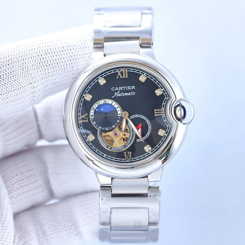 CARTIER BALLON BLEU 36MM OPEN HEART PINK DIAMOND NUMERALS STEEL STRAP