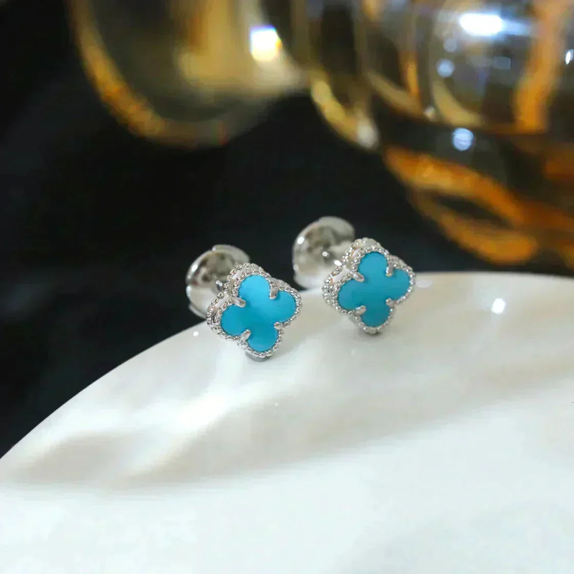 VCA CLOVER MINI TUROUOISE SILVER STUD EARRINGS