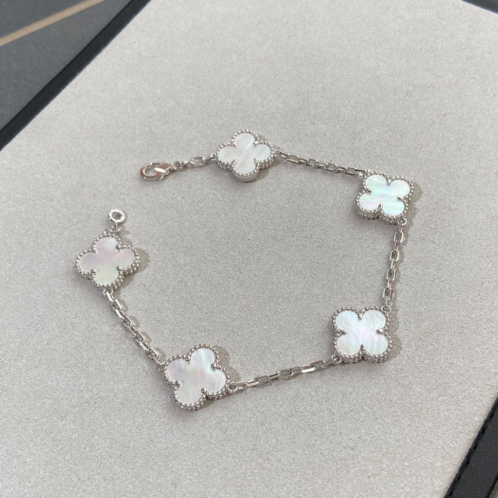 VCA CLOVER WHITE PEARL MOP 5 MOTIF BRACELET COLLECTION