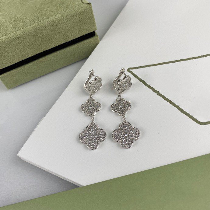 VCA CLOVER 3 MOTIF DIAMOND SILVER DROP EARRINGS
