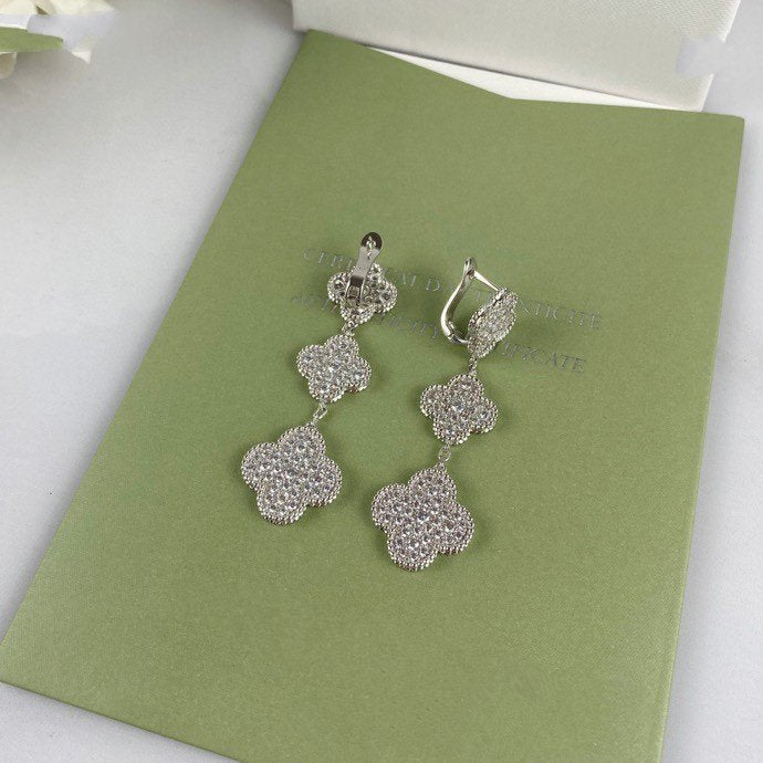 VCA CLOVER 3 MOTIF DIAMOND SILVER DROP EARRINGS
