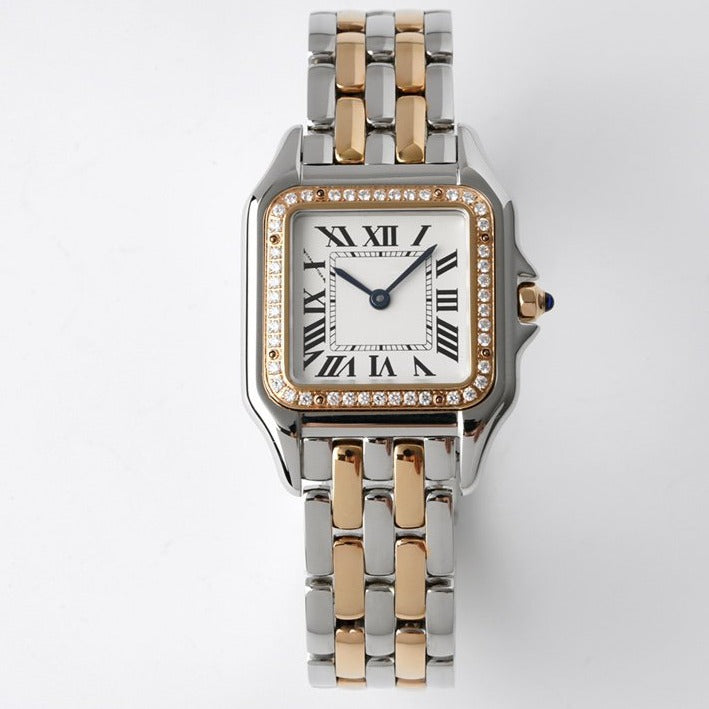 CARTIER PANTHERE 27MM PINK GOLD SILVER CASE DIAMOND BEZEL WHITE DIAL