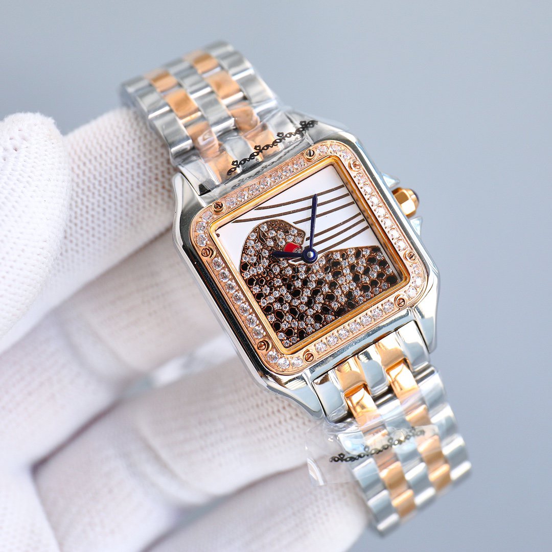 CARTIER PANTHERE 27MM PINK GOLD CASE DIAMOND BEZEL DIAMOND DIAL