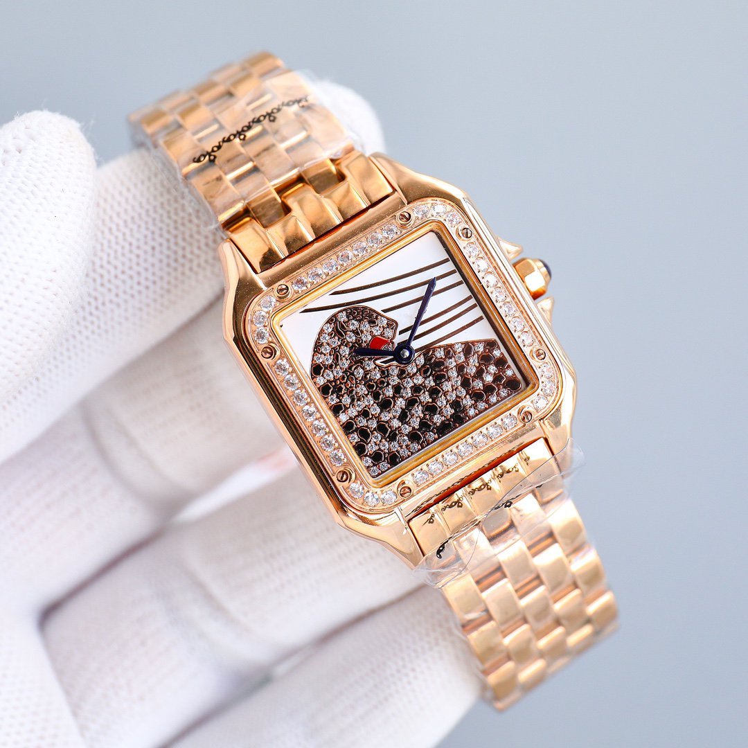 CARTIER PANTHERE 27MM PINK GOLD CASE DIAMOND BEZEL DIAMOND DIAL