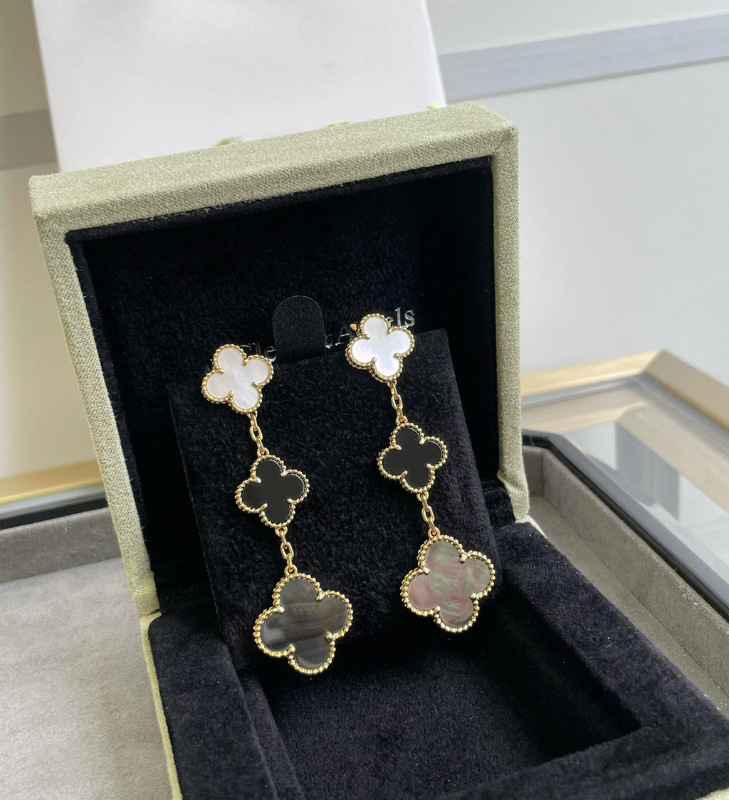VCA CLOVER 3 MOTIF MOP ONYX DARK MOP PINK GOLD EARRINGS