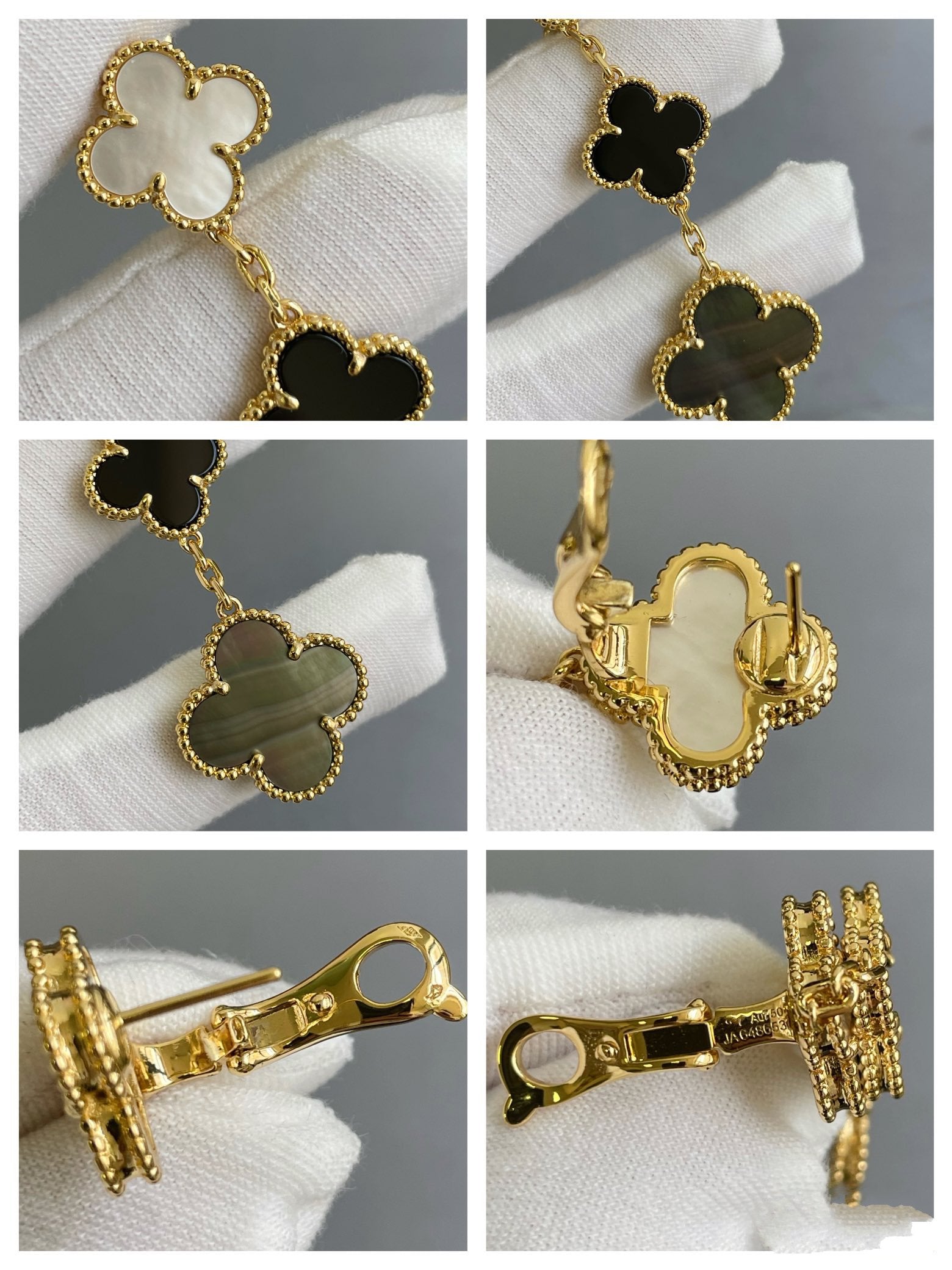 VCA CLOVER 3 MOTIF MOP ONYX DARK MOP PINK GOLD EARRINGS
