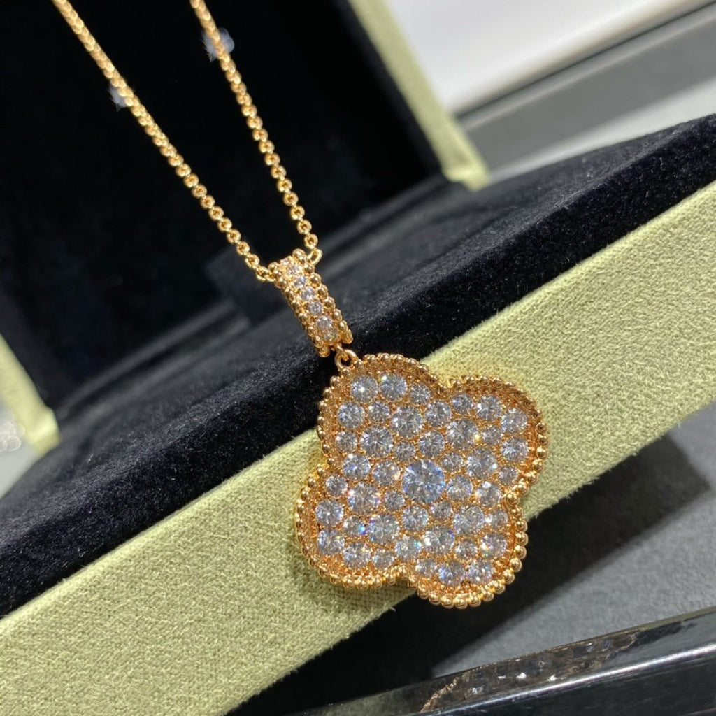 VCA CLOVER 25MM LARGE PEDANT DIAMOND PAVED LONG NECKLACE