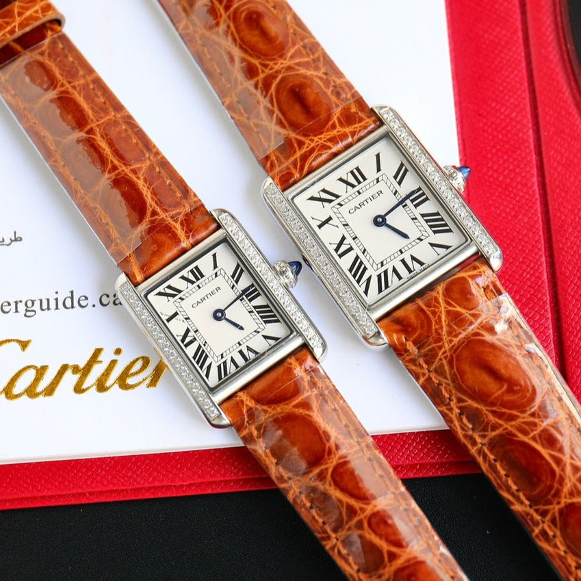 CARTIER TANK MUST SMALL STEEL DIAMOND BEZEL LEATHER STRAP EWHITE DIAL