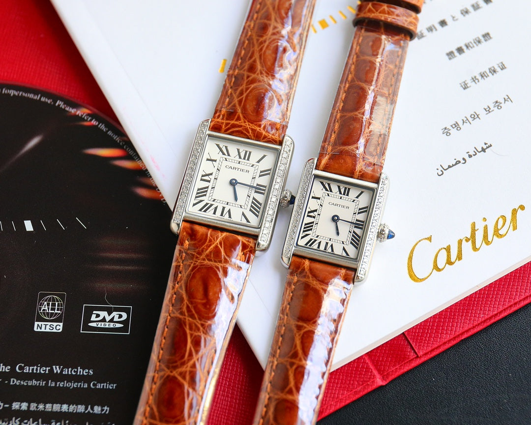 CARTIER TANK MUST SMALL STEEL DIAMOND BEZEL LEATHER STRAP EWHITE DIAL