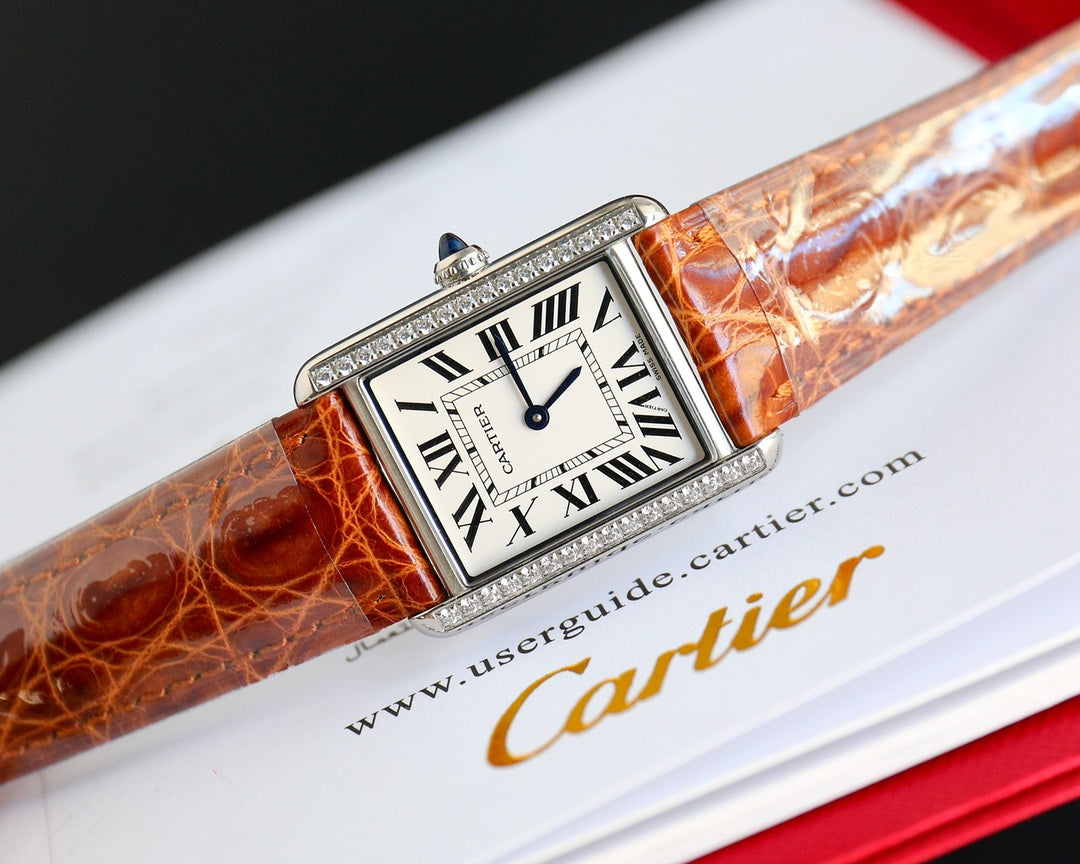 CARTIER TANK MUST SMALL STEEL DIAMOND BEZEL LEATHER STRAP EWHITE DIAL