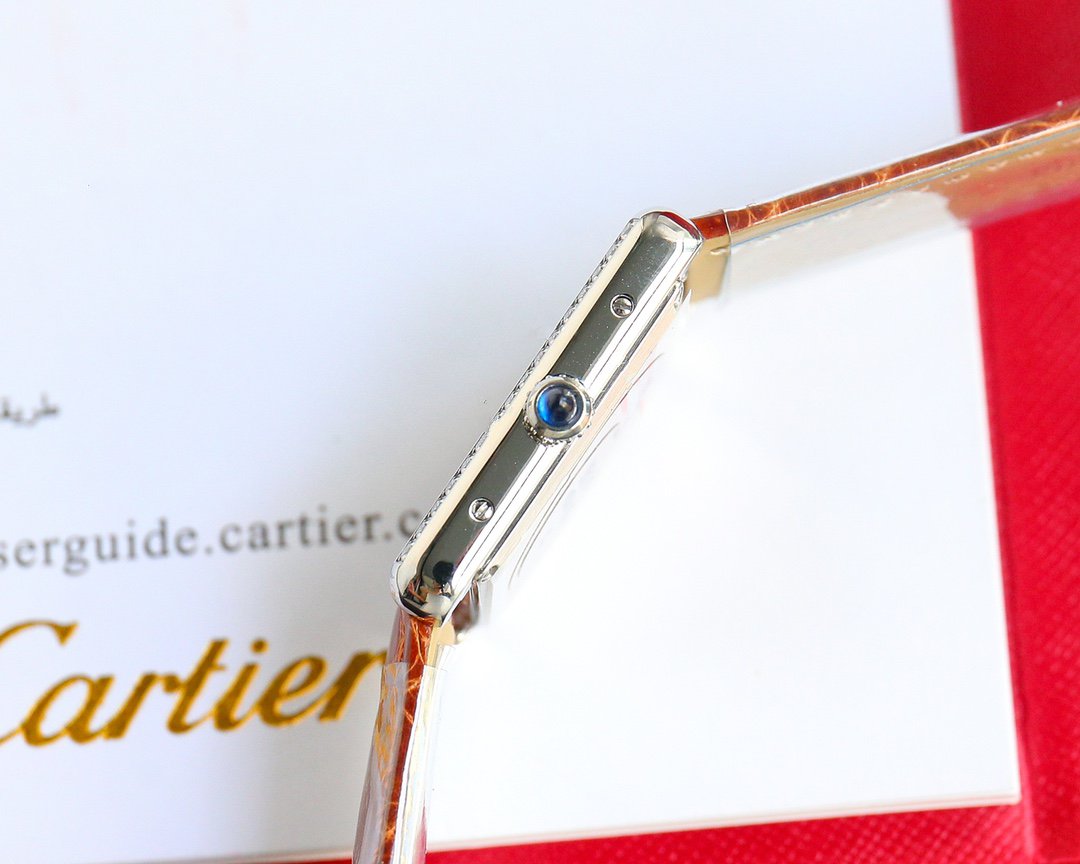 CARTIER TANK MUST SMALL STEEL DIAMOND BEZEL LEATHER STRAP EWHITE DIAL