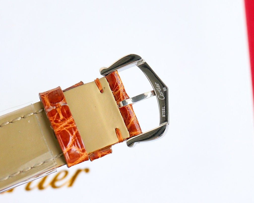 CARTIER TANK MUST SMALL STEEL DIAMOND BEZEL LEATHER STRAP EWHITE DIAL