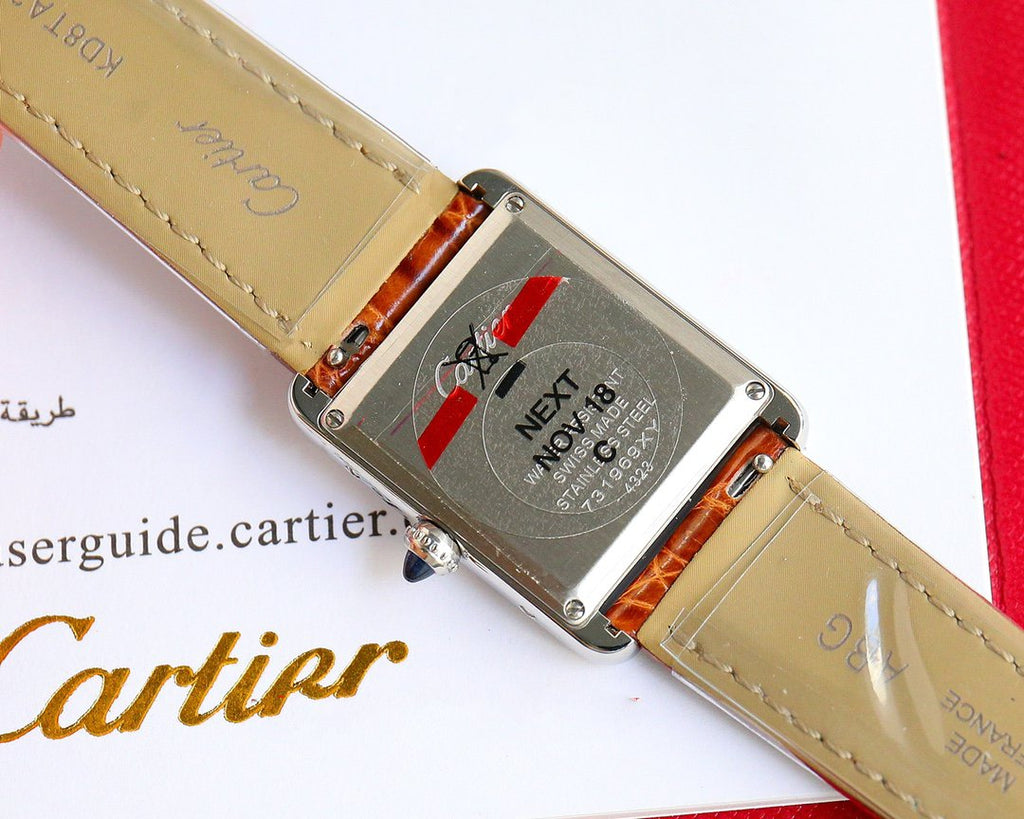 CARTIER TANK MUST SMALL STEEL DIAMOND BEZEL LEATHER STRAP EWHITE DIAL