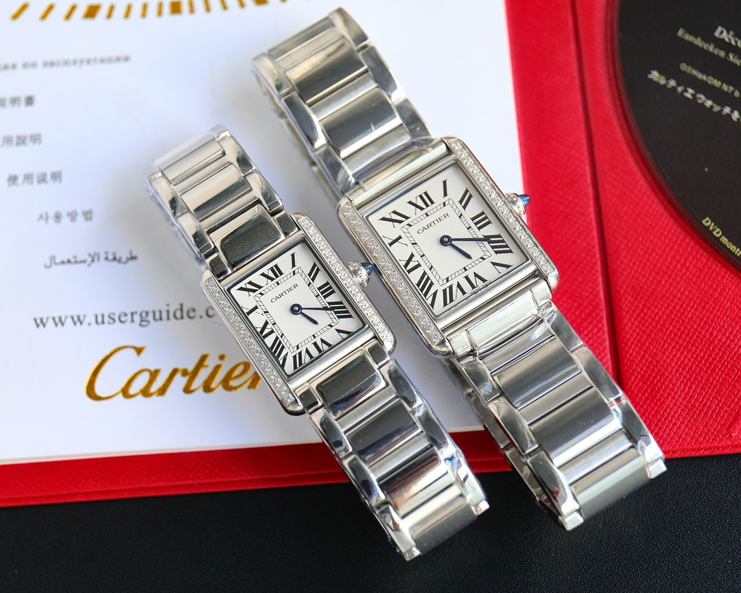 CARTIER TANK MUST SMALL STEEL DIAMOND BEZEL WHITE DIAL