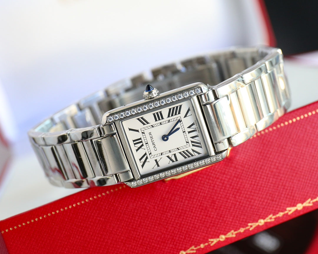 CARTIER TANK MUST SMALL STEEL DIAMOND BEZEL WHITE DIAL